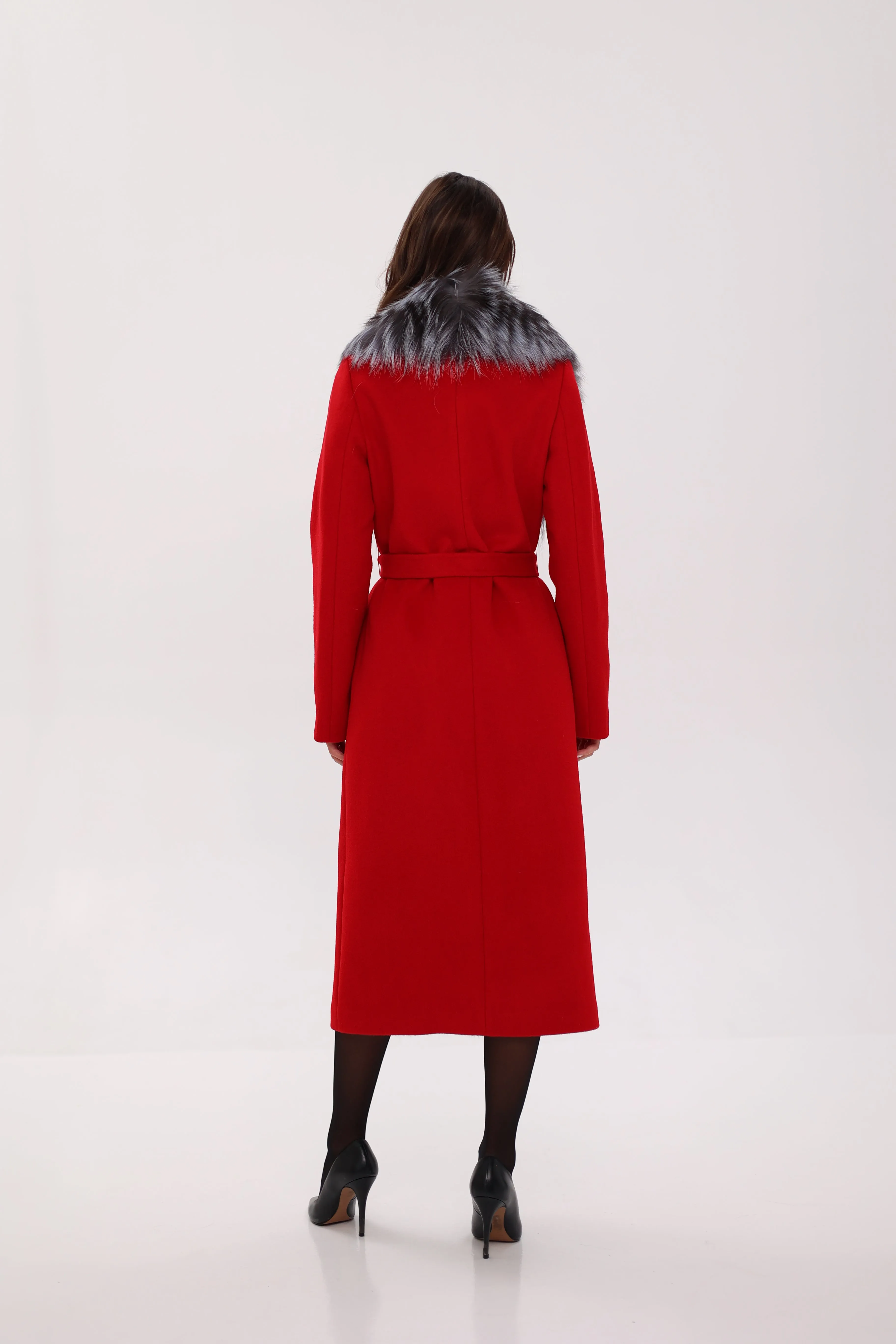 Genuine Silver Fox Virgin Wool Wrap Coat in Red