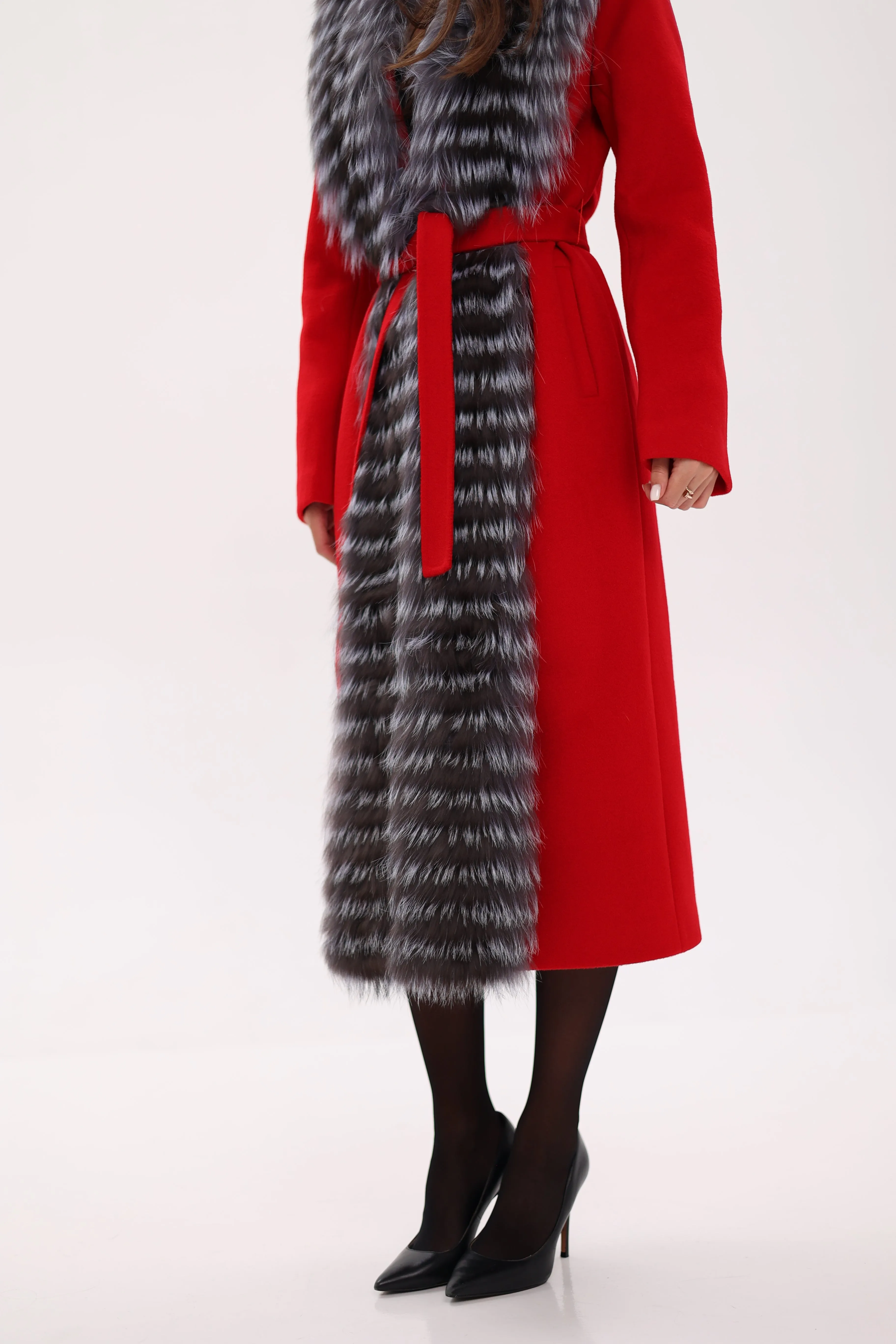 Genuine Silver Fox Virgin Wool Wrap Coat in Red