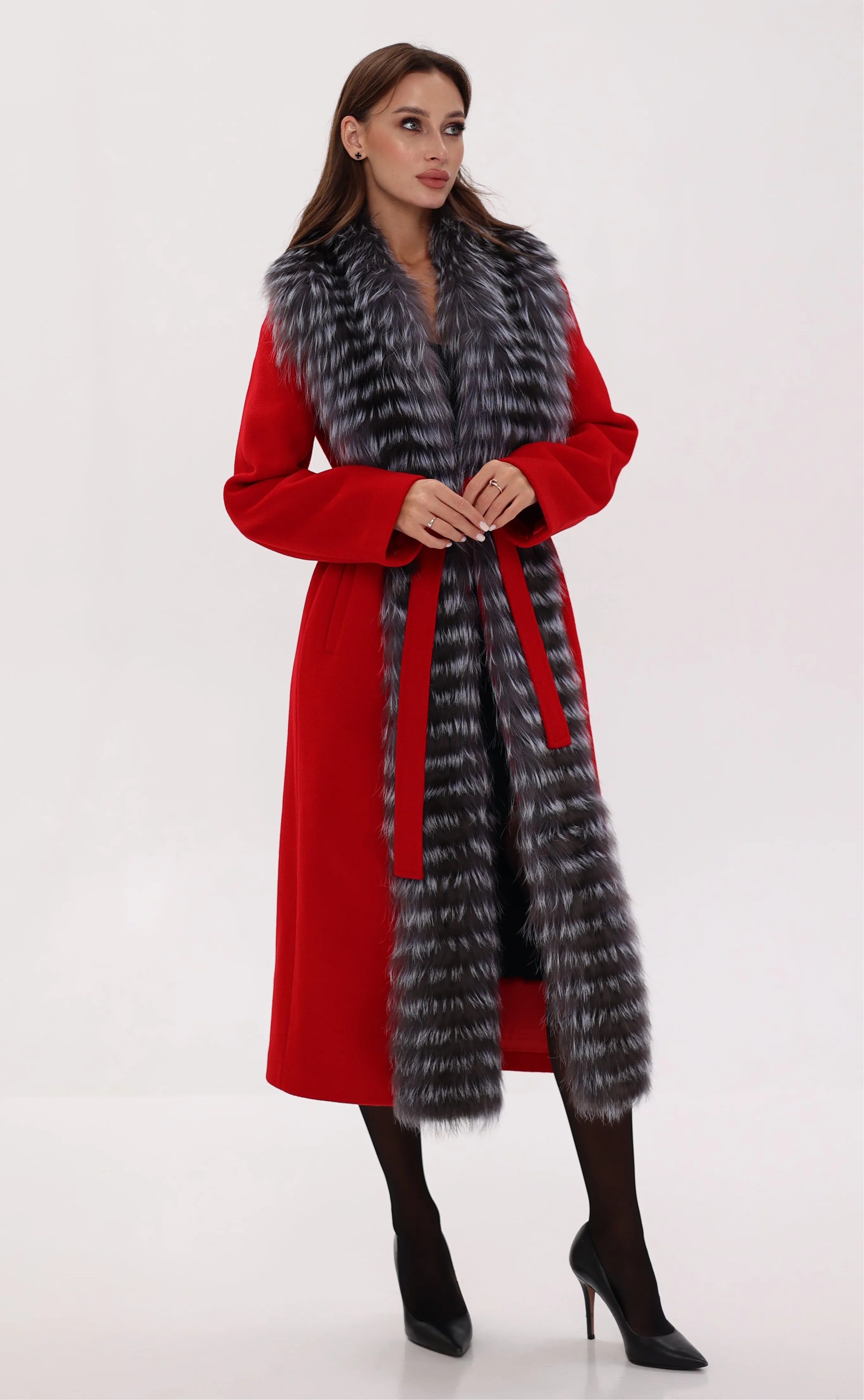 Genuine Silver Fox Virgin Wool Wrap Coat in Red