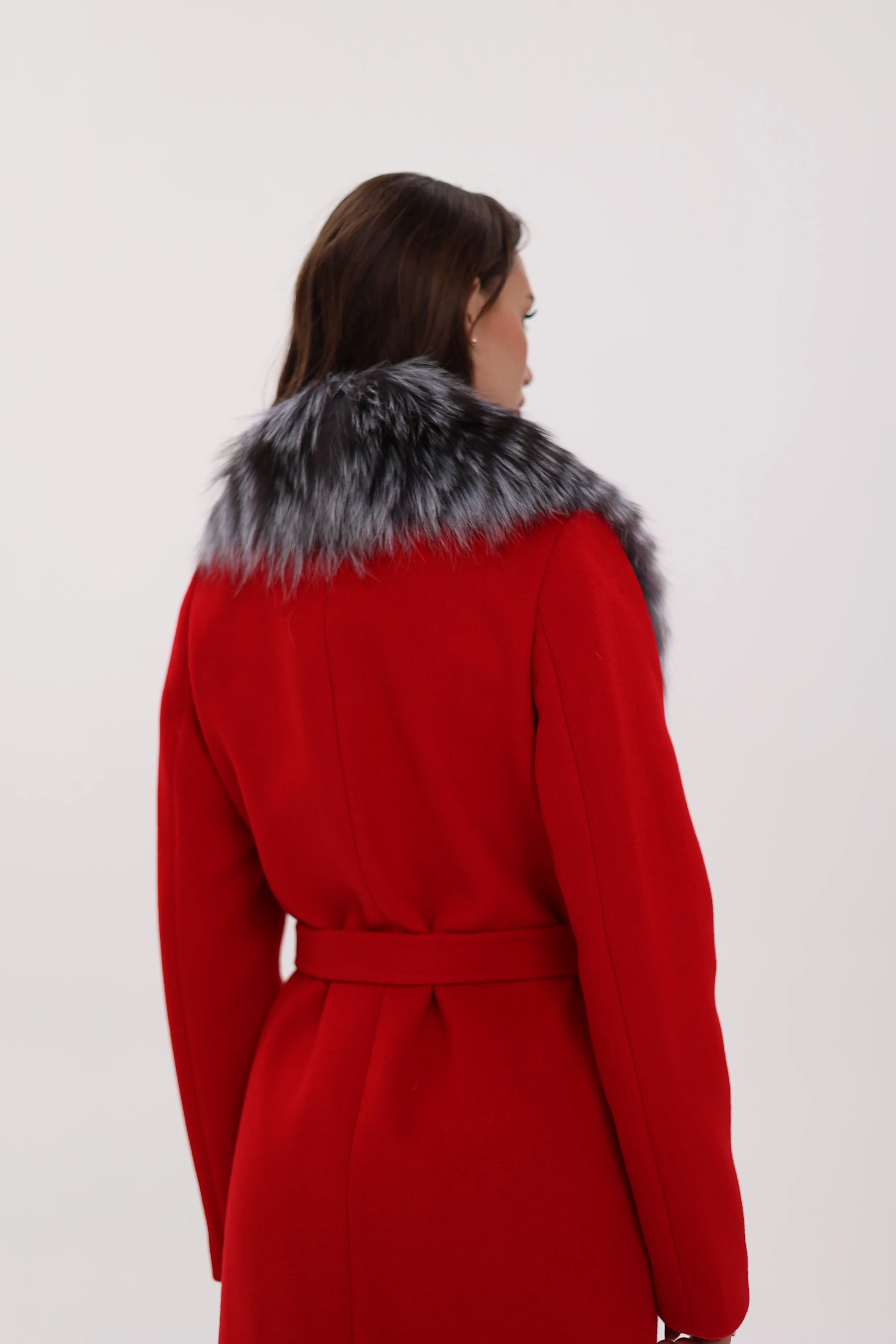 Genuine Silver Fox Virgin Wool Wrap Coat in Red