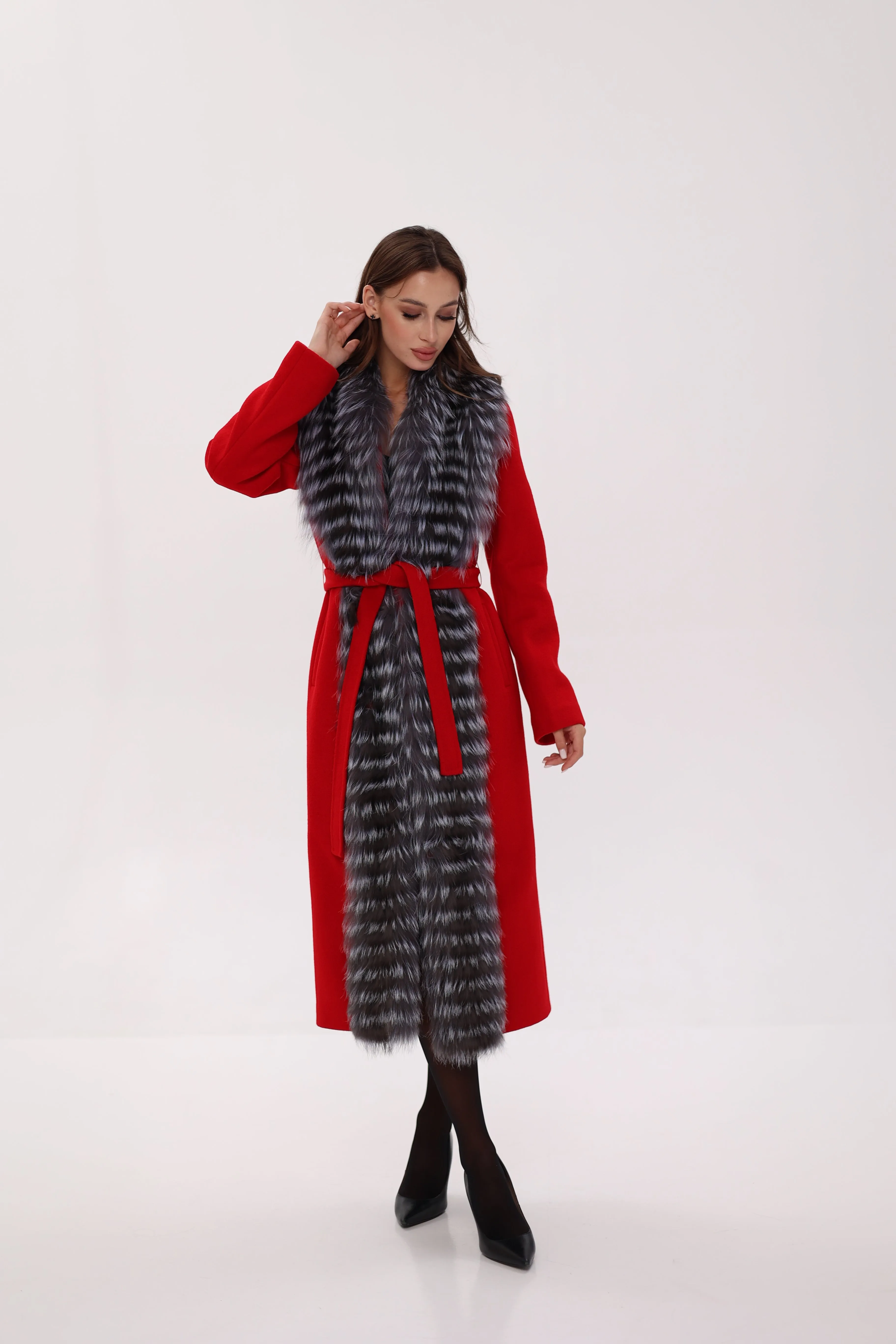 Genuine Silver Fox Virgin Wool Wrap Coat in Red