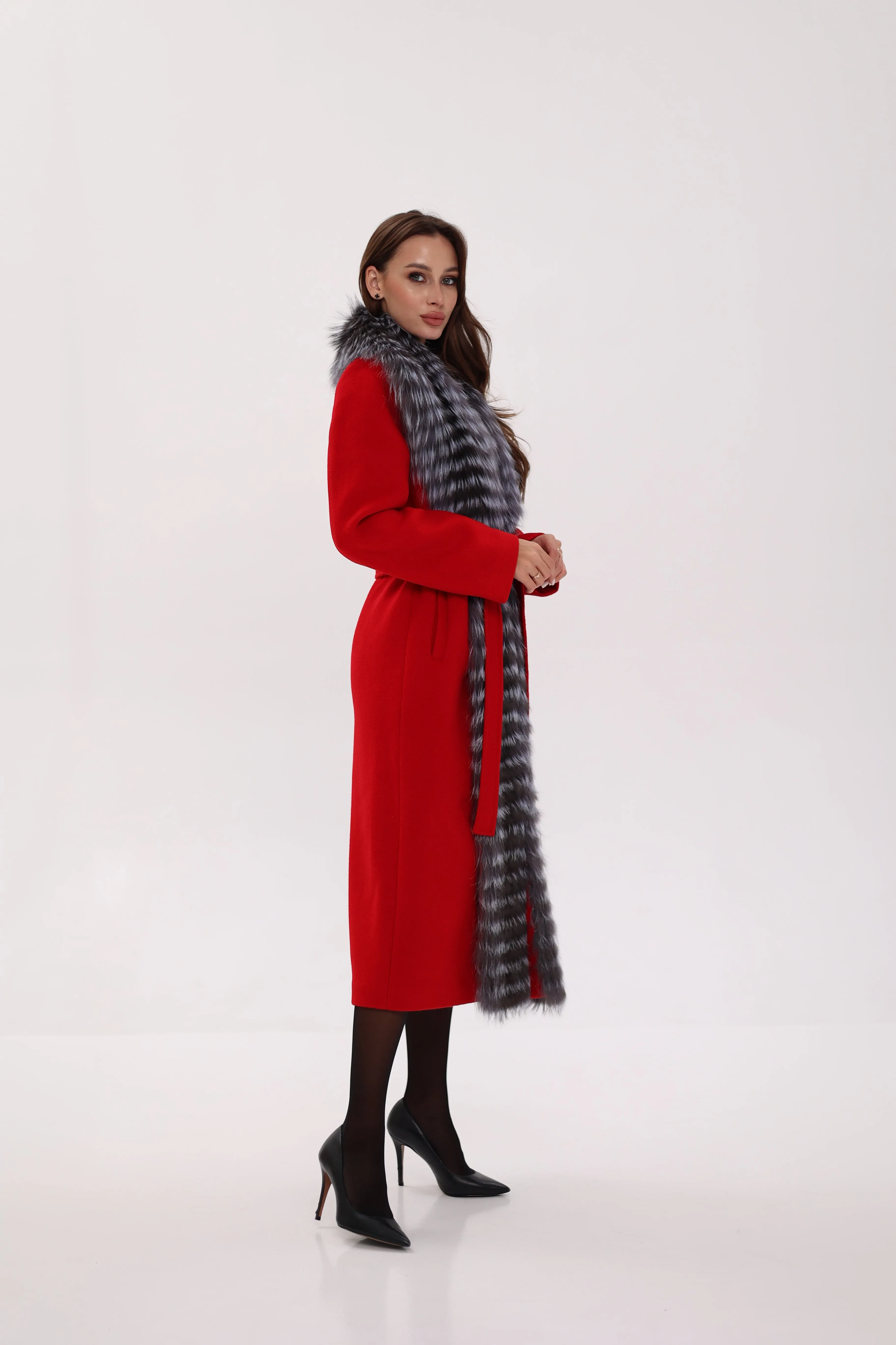 Genuine Silver Fox Virgin Wool Wrap Coat in Red