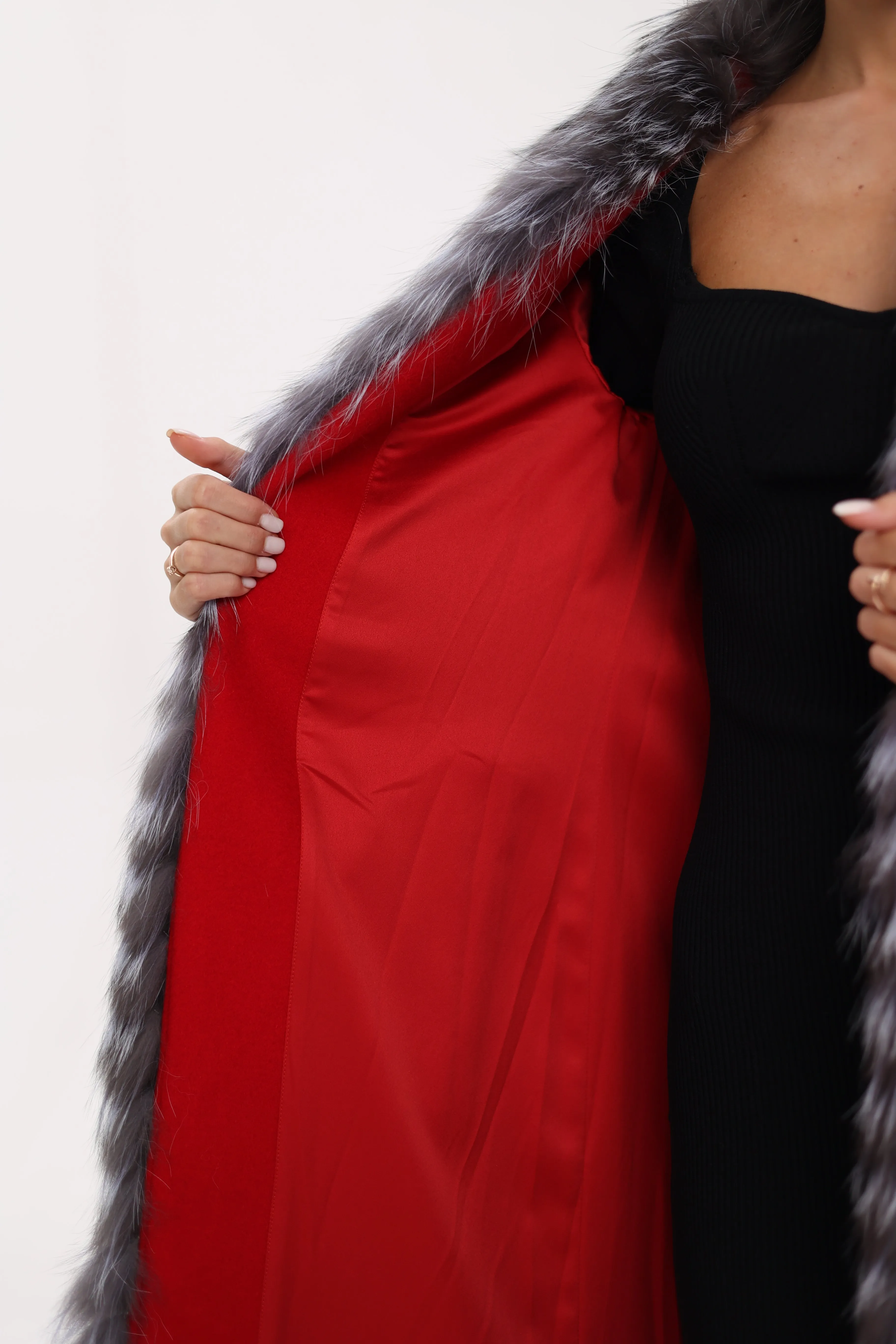 Genuine Silver Fox Virgin Wool Wrap Coat in Red