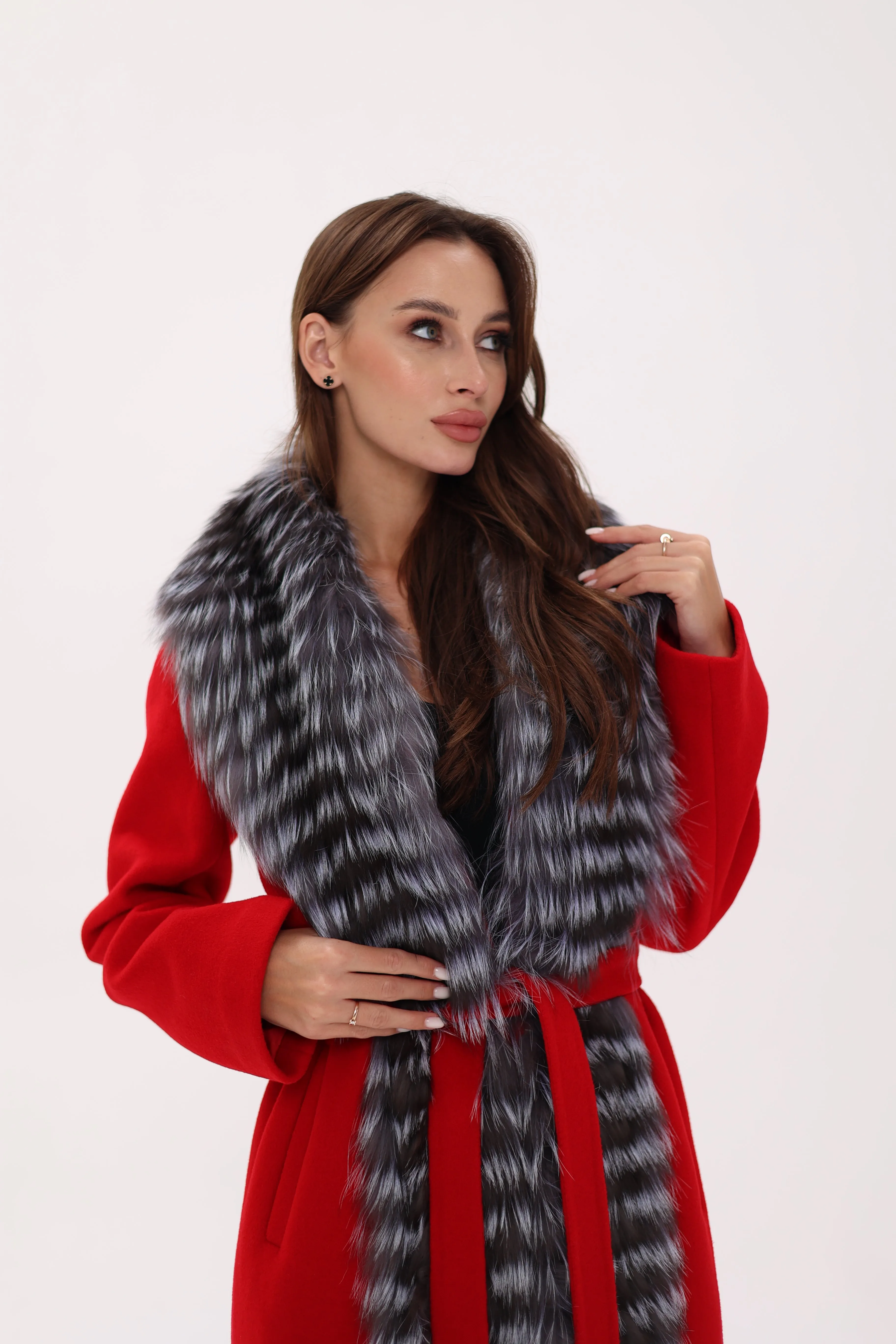 Genuine Silver Fox Virgin Wool Wrap Coat in Red