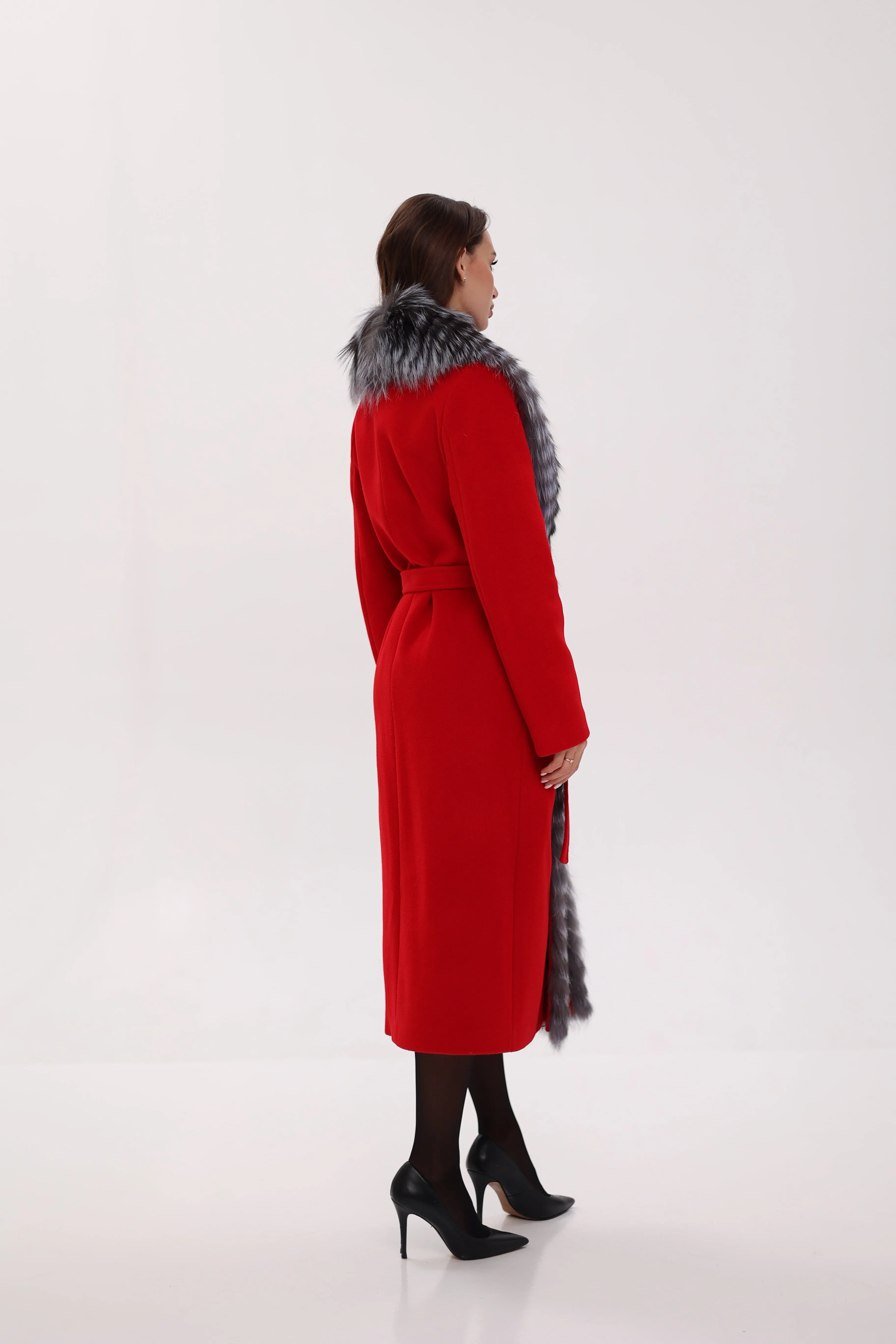 Genuine Silver Fox Virgin Wool Wrap Coat in Red