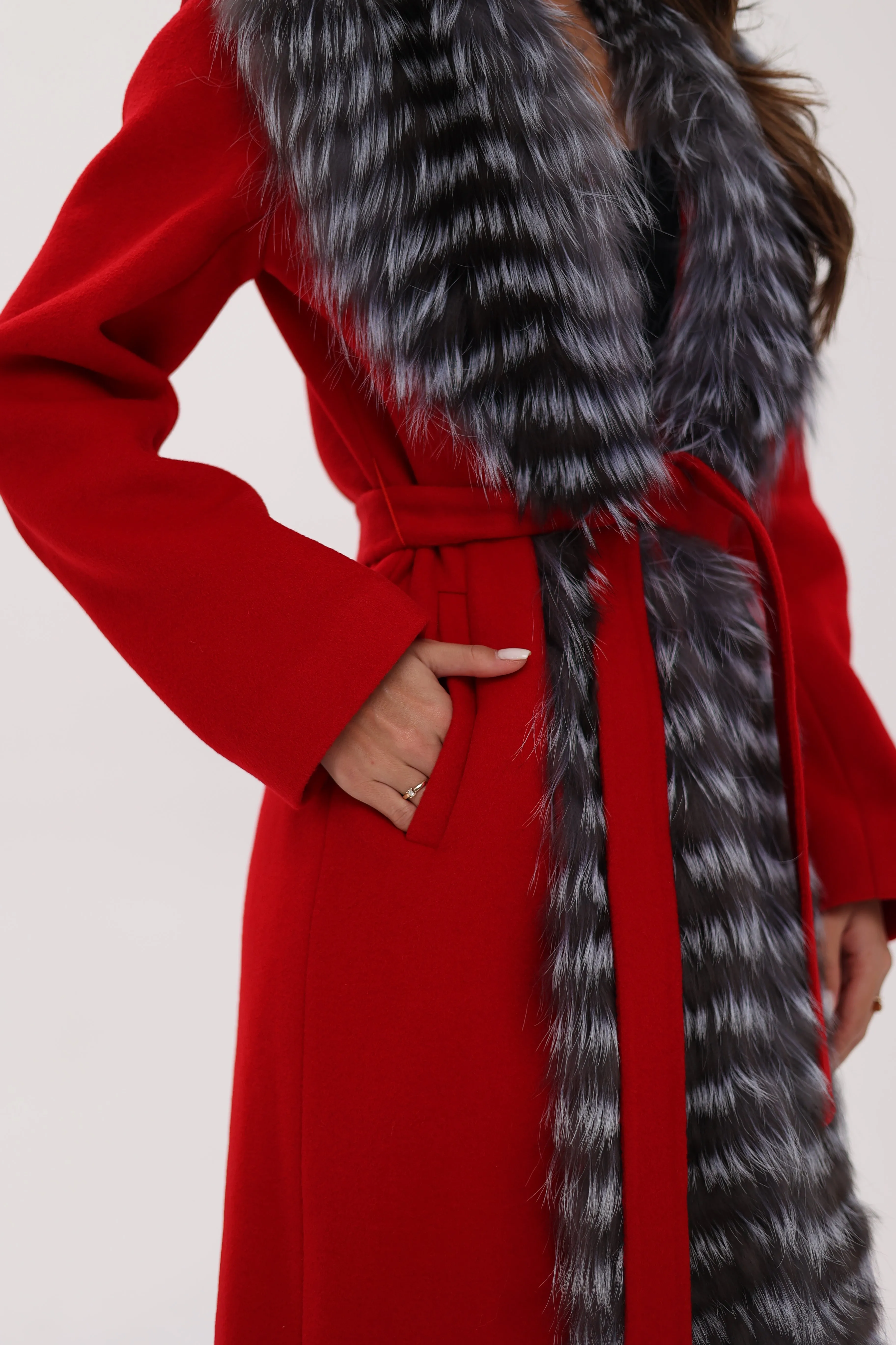 Genuine Silver Fox Virgin Wool Wrap Coat in Red