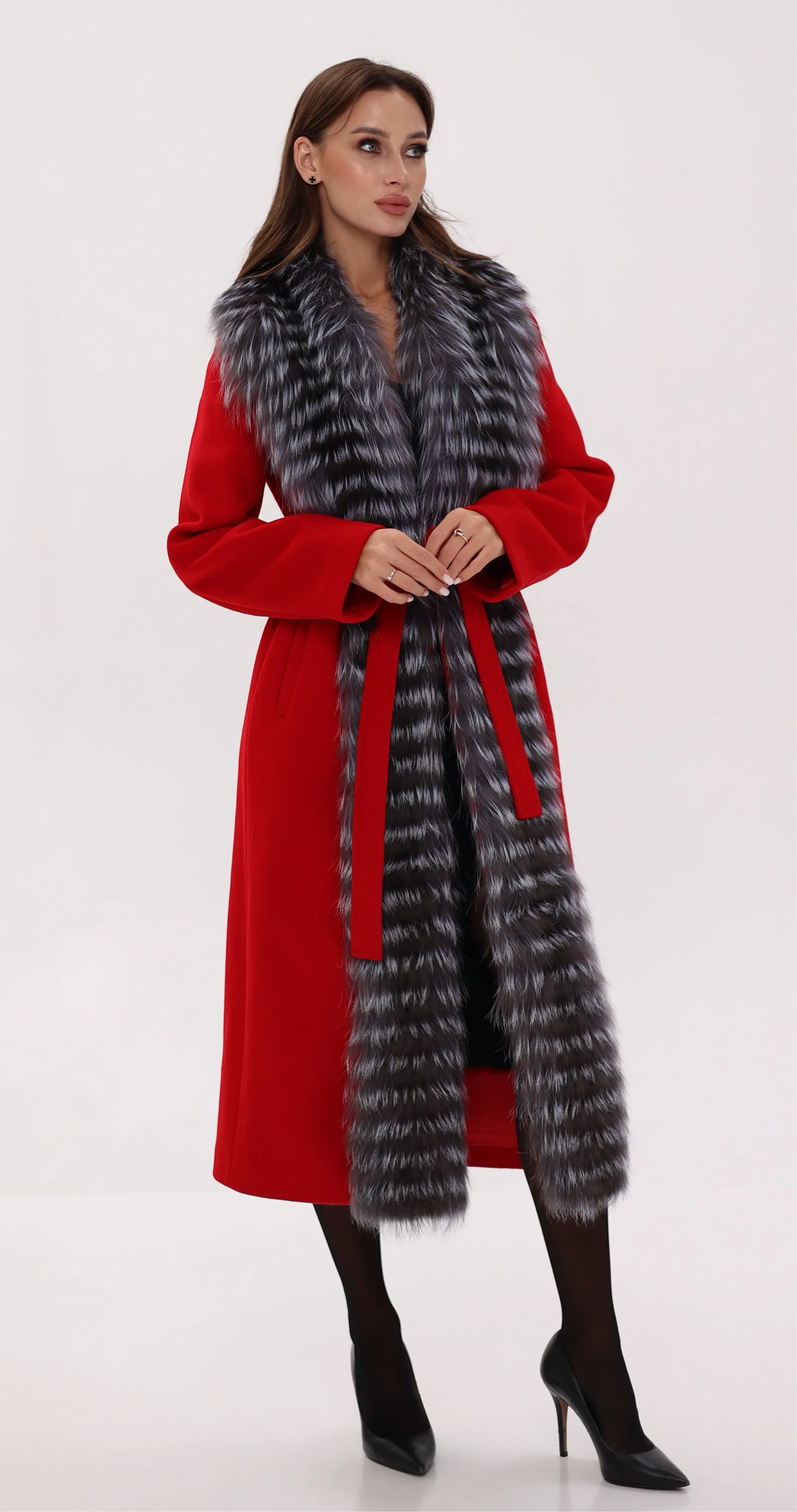 Genuine Silver Fox Virgin Wool Wrap Coat in Red