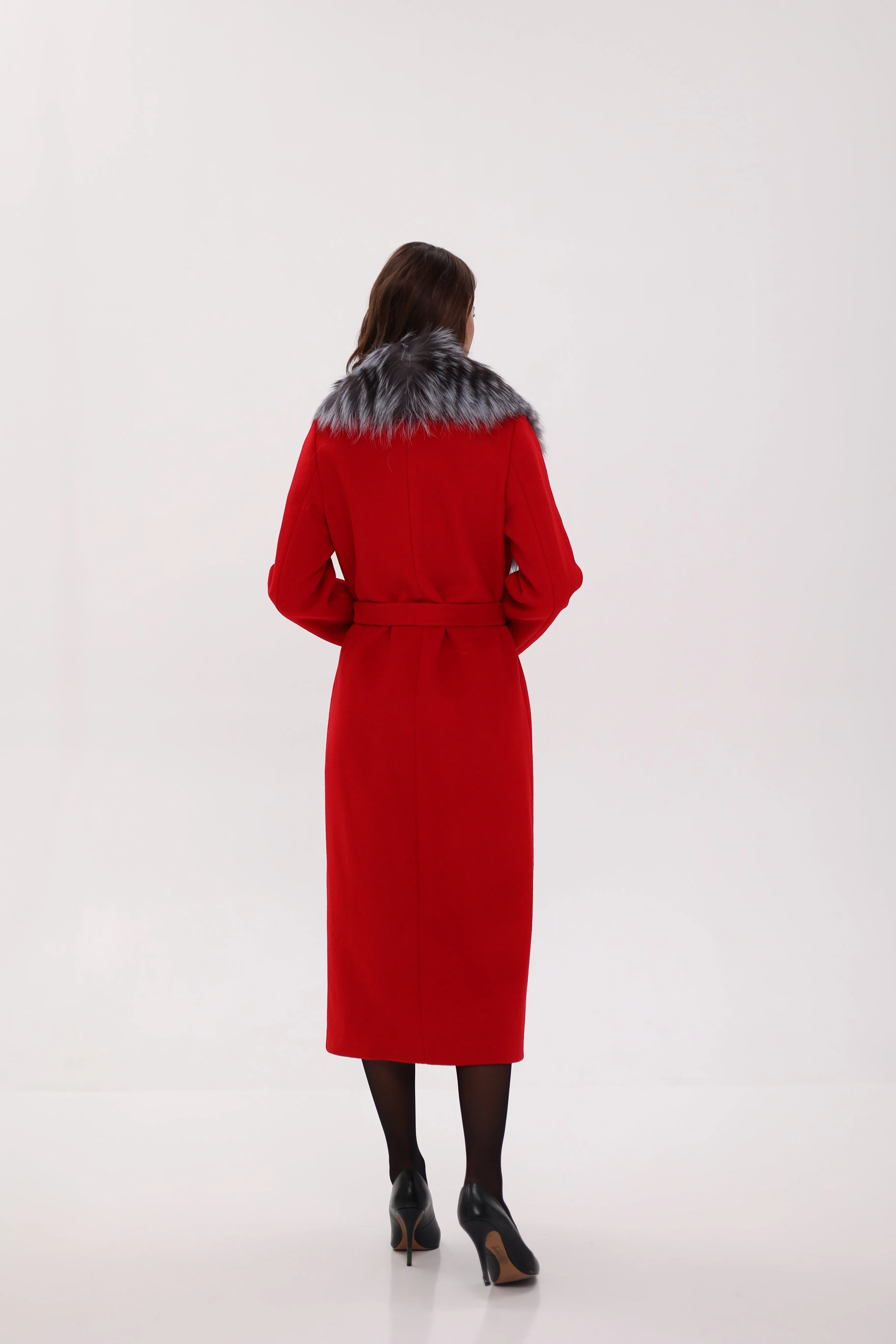 Genuine Silver Fox Virgin Wool Wrap Coat in Red