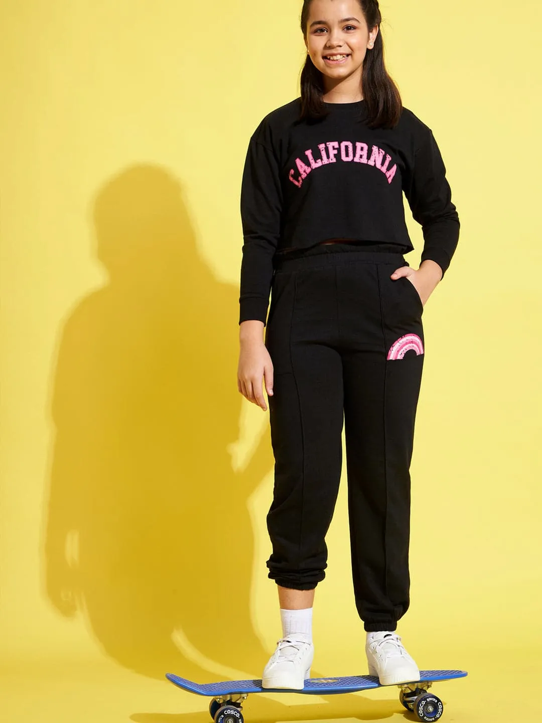 Girls Black Terry Sweatshirt With Paper Bag Joggers - Lyush Kids