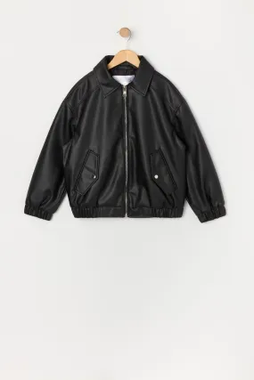 Girls Faux Leather Bomber Jacket