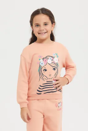 Girls Pink Printed Long Sleeves Sweatshirt