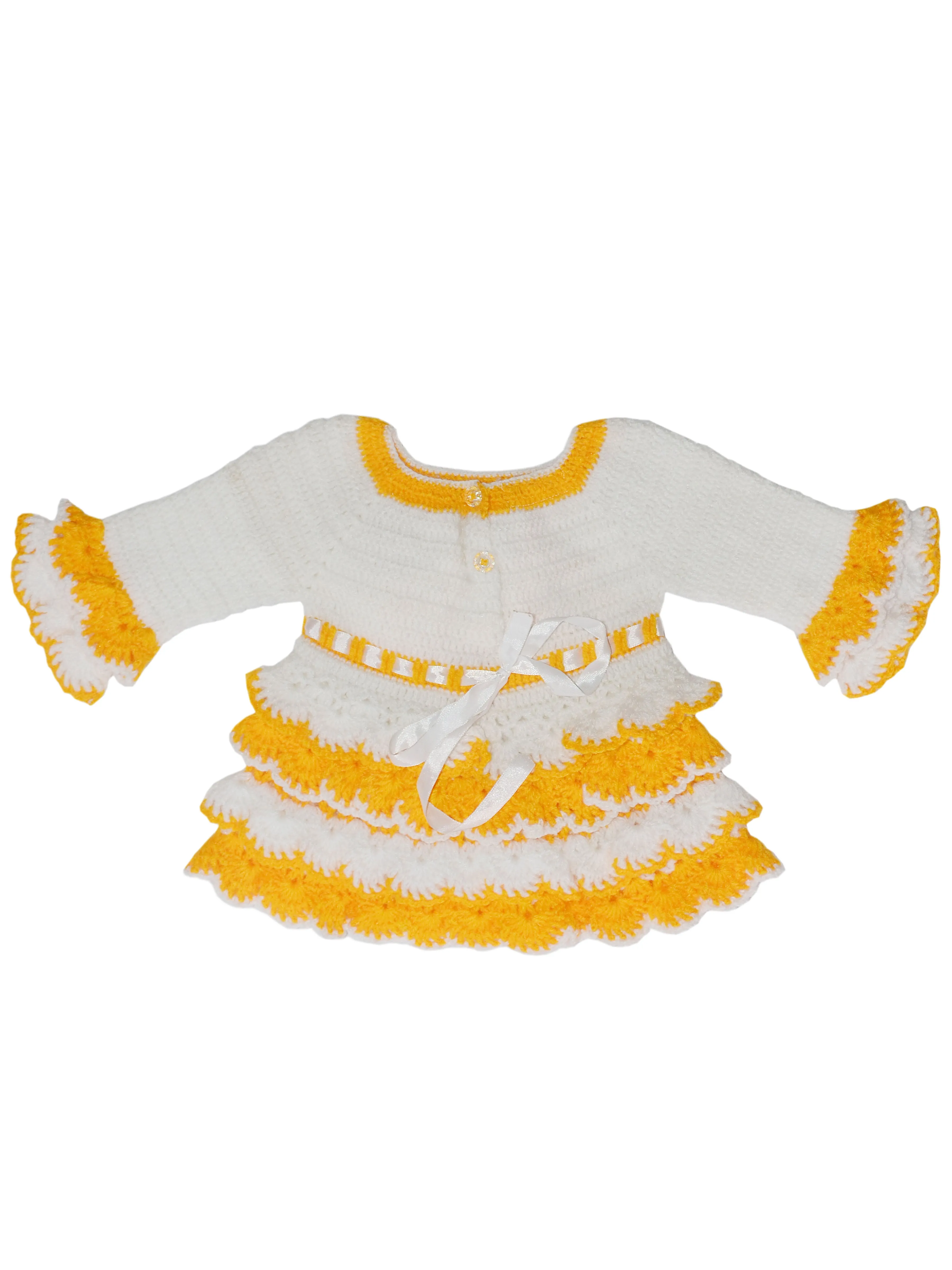 Graceful Handmade Design Frock Set With Full Sleeve Frock Set With Boots & Cap- White & Yellow