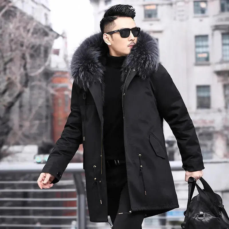 HANZANGL Men's Fur Coat 2022 Winter High Quality Fashion With Fur Hooded Lined Thick Warm Parkas Outerwear Mid-length With Long