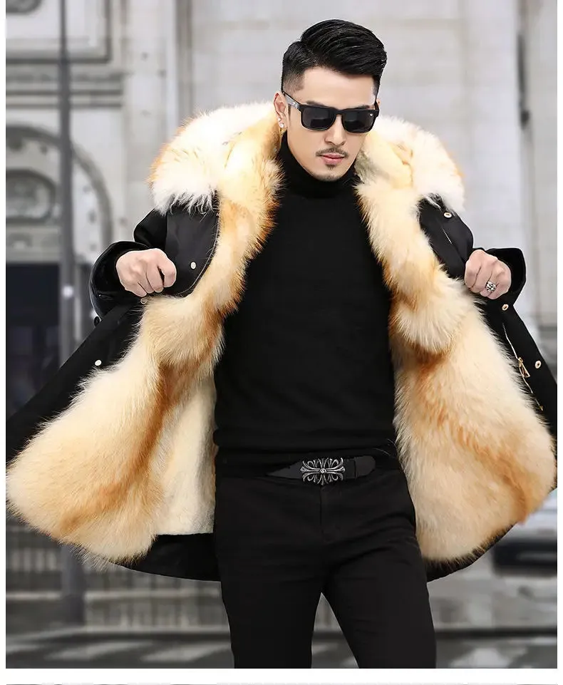 HANZANGL Men's Fur Coat 2022 Winter High Quality Fashion With Fur Hooded Lined Thick Warm Parkas Outerwear Mid-length With Long