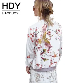 HDY Haoduoyi Phoenix Print White Bomber Jacket Exotic Stand Collar Zipper Pink Jacket Casual Loose Sweet Jacket