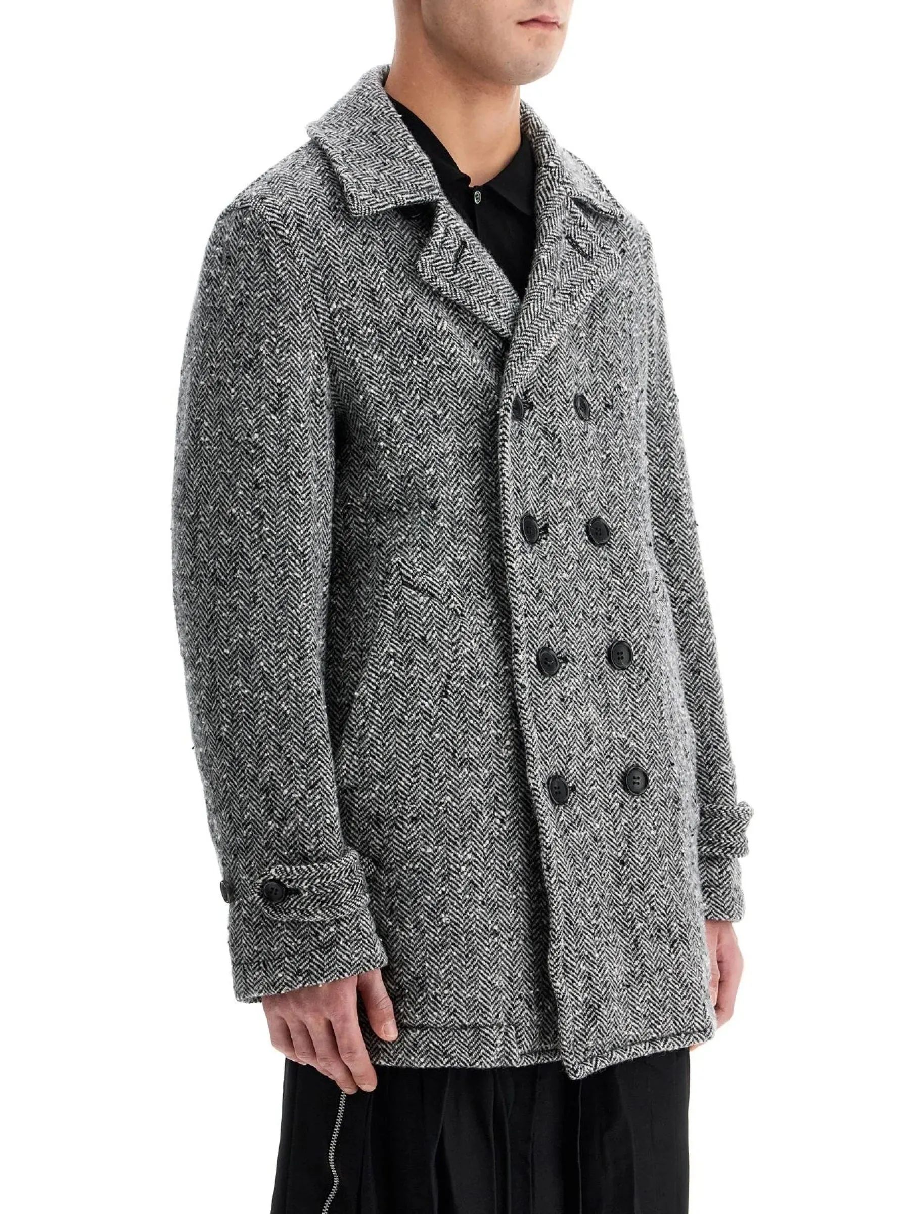 Herringbone Double Breasted Wool Coat