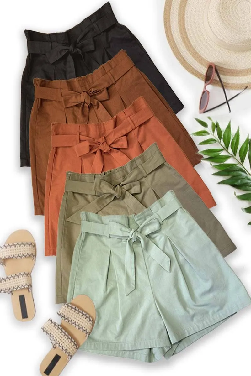 High waist tie waist pin-tuck detailed shorts (Sienna, Black, Green)