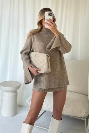 Holly beige high neck knit jumper and skirt co-ord