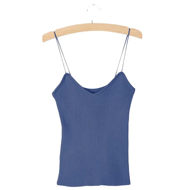 Hot Knit Tank Tops Women Camisole Vest Simple Stretchable V Neck Slim Sexy Straps Tank-448E