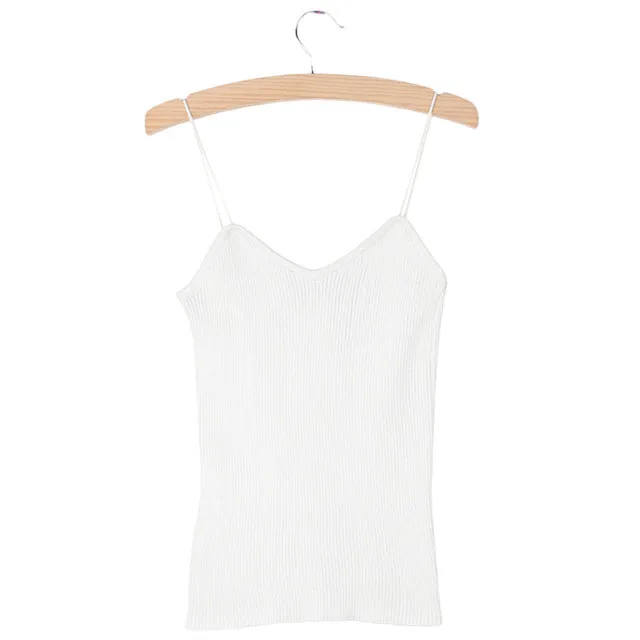 Hot Knit Tank Tops Women Camisole Vest Simple Stretchable V Neck Slim Sexy Straps Tank-448E