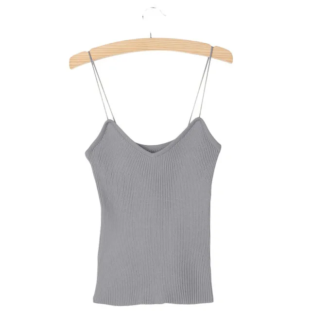 Hot Knit Tank Tops Women Camisole Vest Simple Stretchable V Neck Slim Sexy Straps Tank-448E