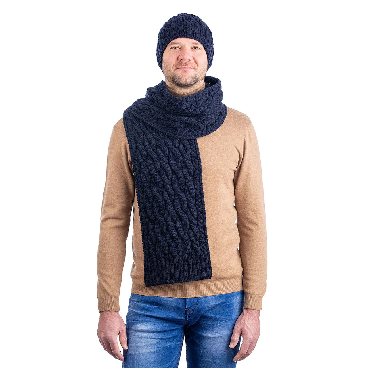 Irish Cable Knit Scarf - Navy