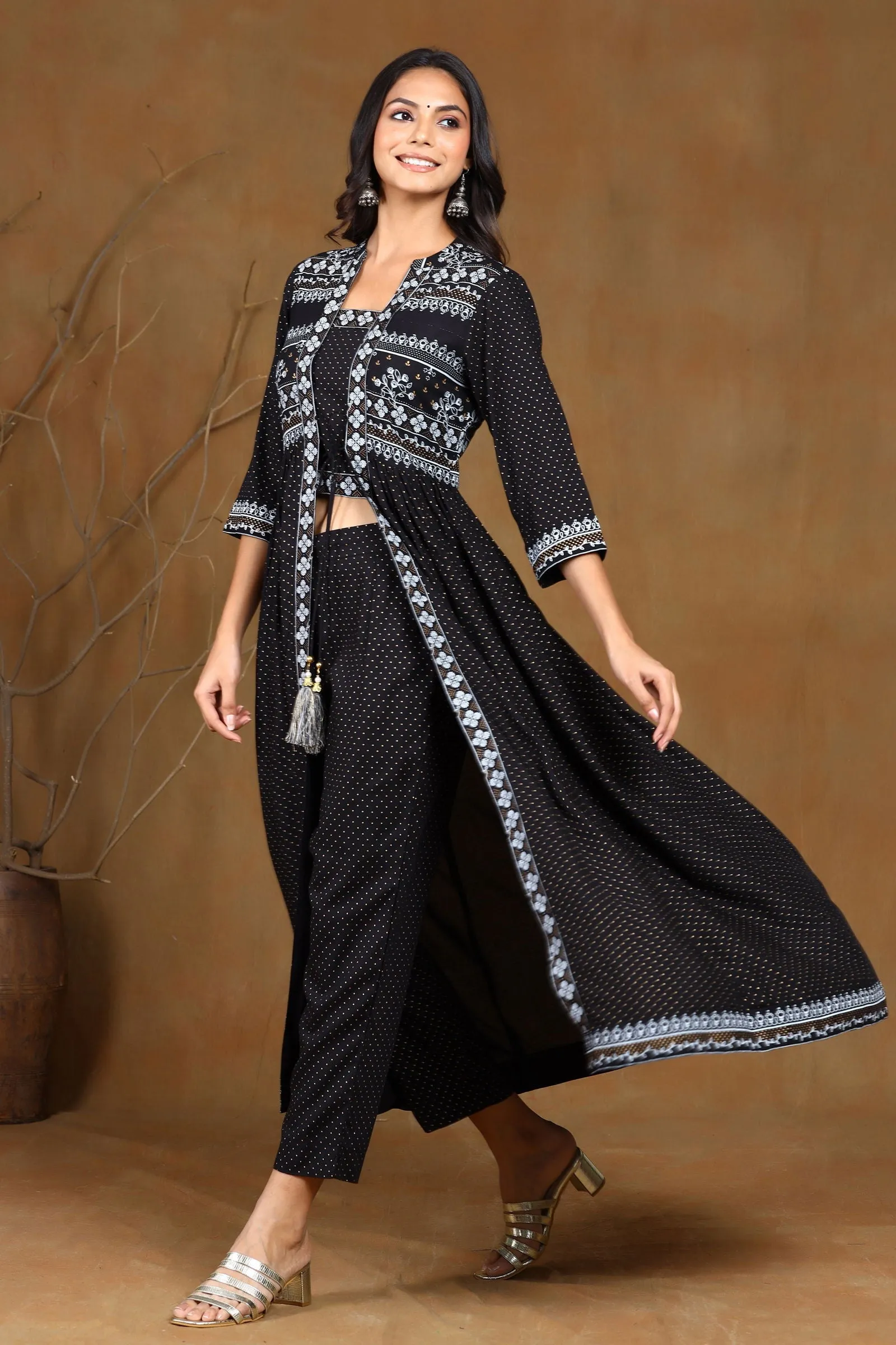 Jashvi Black Ethnic Motif Printed Rayon Jacket Style Kurta & Pants Set.