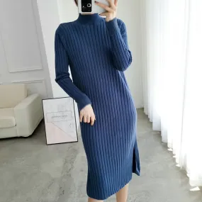 Joskaa Christmas Gift Vintage Turtleneck Sweater Dress New Autumn Winter Women Knitted Dress 2020 One Piece Office Slim Warm Pullover Dresses Vestidos