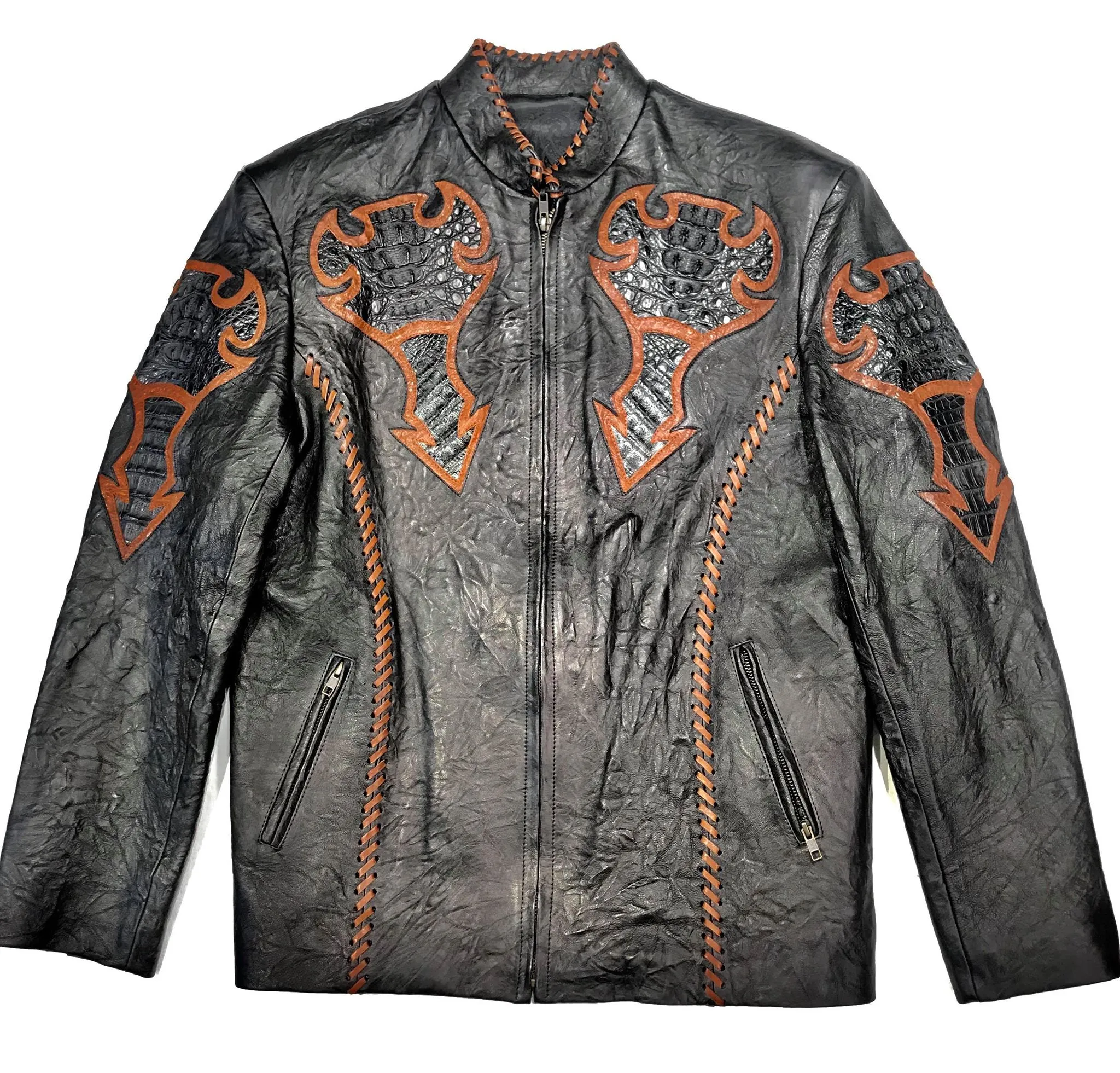 Kashani Black Laced Horn-Back Alligator Bomber Jacket