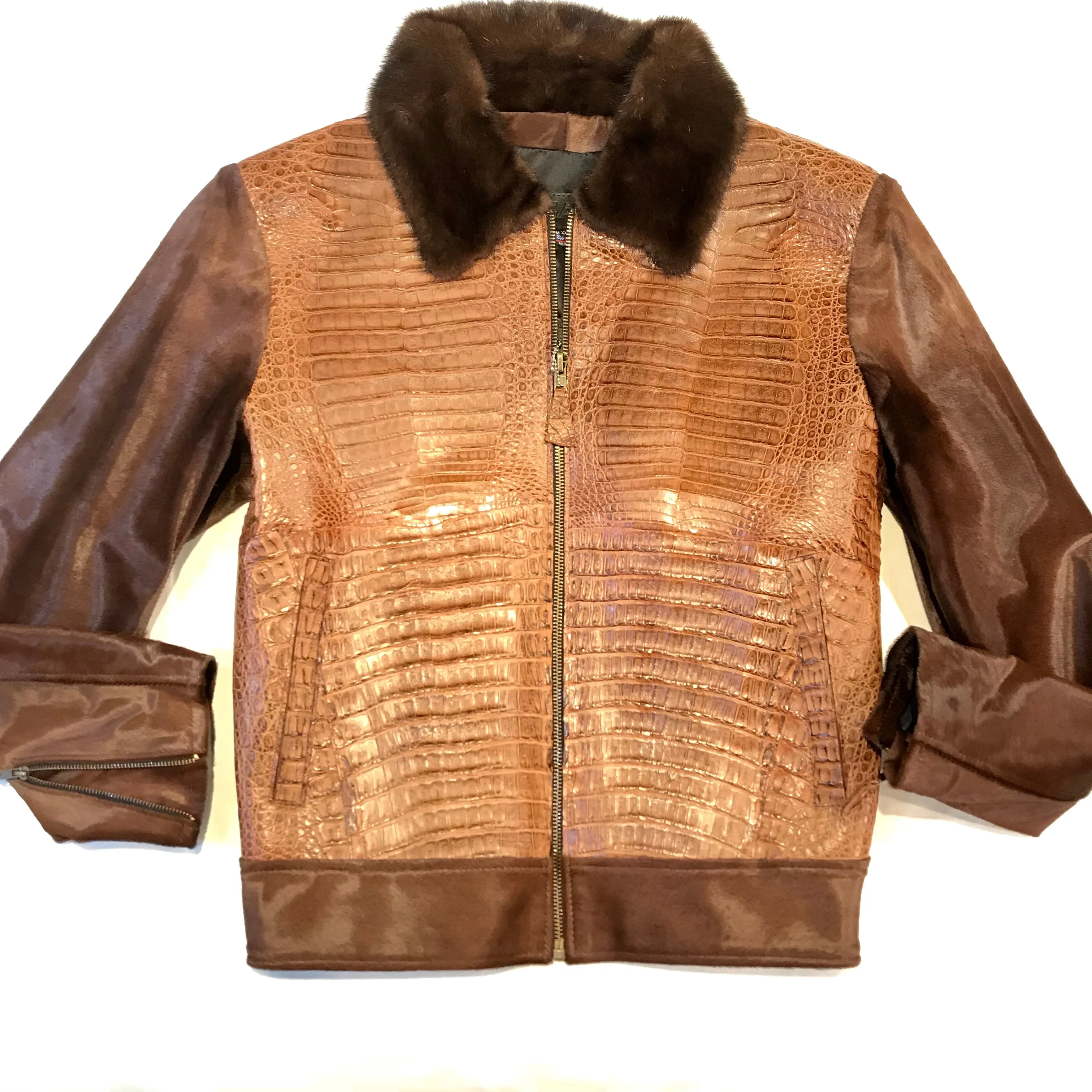 Kashani Brown Full Alligator Pony Sleeve Mink Collar Bomber Jacket