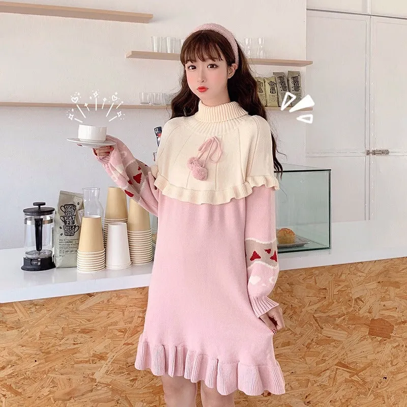 Kawaii Lolita Knit Ruffle Sweater Dress in Pink