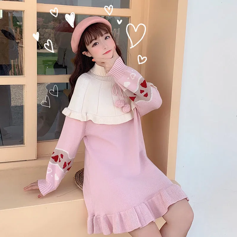 Kawaii Lolita Knit Ruffle Sweater Dress in Pink