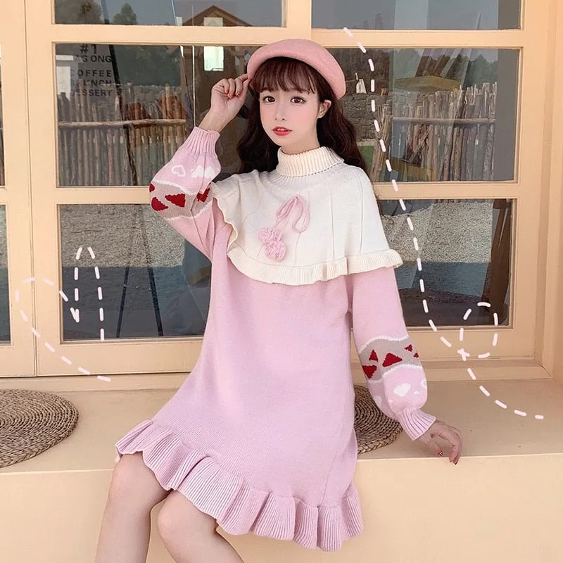 Kawaii Lolita Knit Ruffle Sweater Dress in Pink