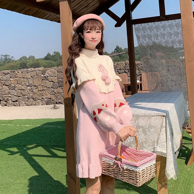 Kawaii Lolita Knit Ruffle Sweater Dress in Pink