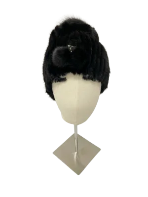 KNITTED MINK BEANIE BLACK WITH TUNNEL