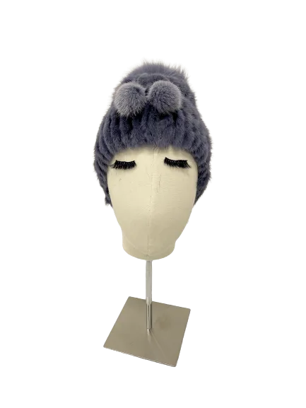 KNITTED MINK BEANIE BLUE WITH TUNNEL