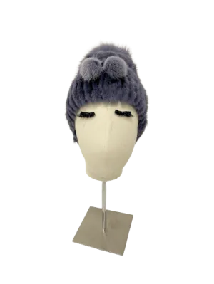 KNITTED MINK BEANIE BLUE WITH TUNNEL