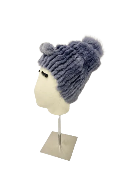 KNITTED MINK BEANIE BLUE WITH TUNNEL