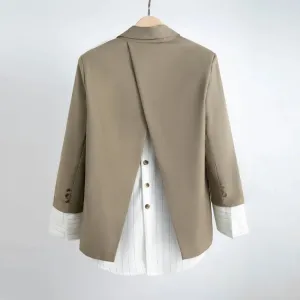 Korean Slim Patchwork Blazer For Women Notched Collar Long Sleeve Colorblock Single Breasted Blazers Female Clothes