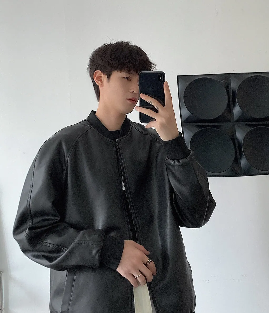 [Korean Style] Black Faux Leather Bomber Jackets