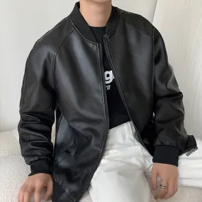 [Korean Style] Black Faux Leather Bomber Jackets