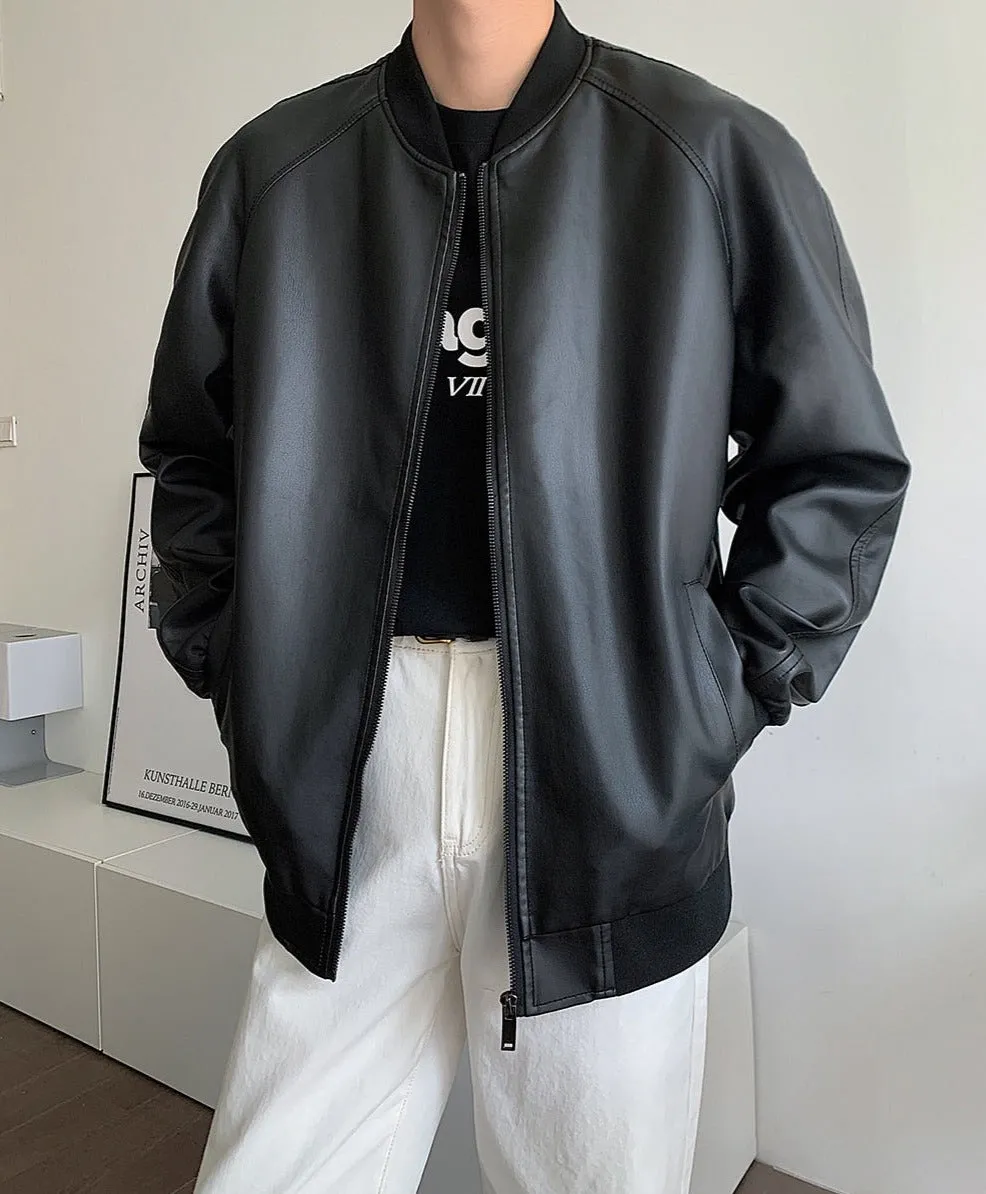 [Korean Style] Black Faux Leather Bomber Jackets