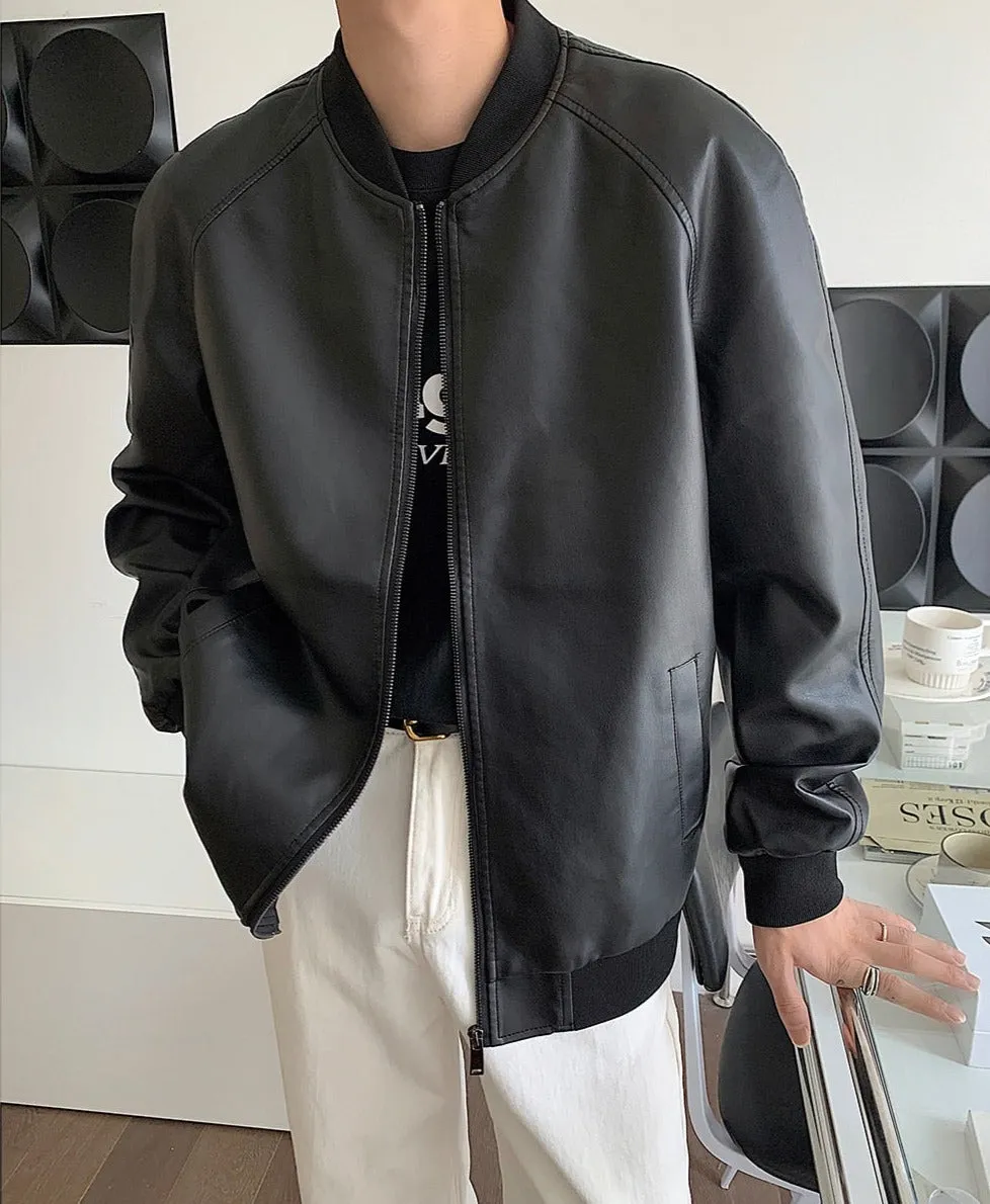 [Korean Style] Black Faux Leather Bomber Jackets