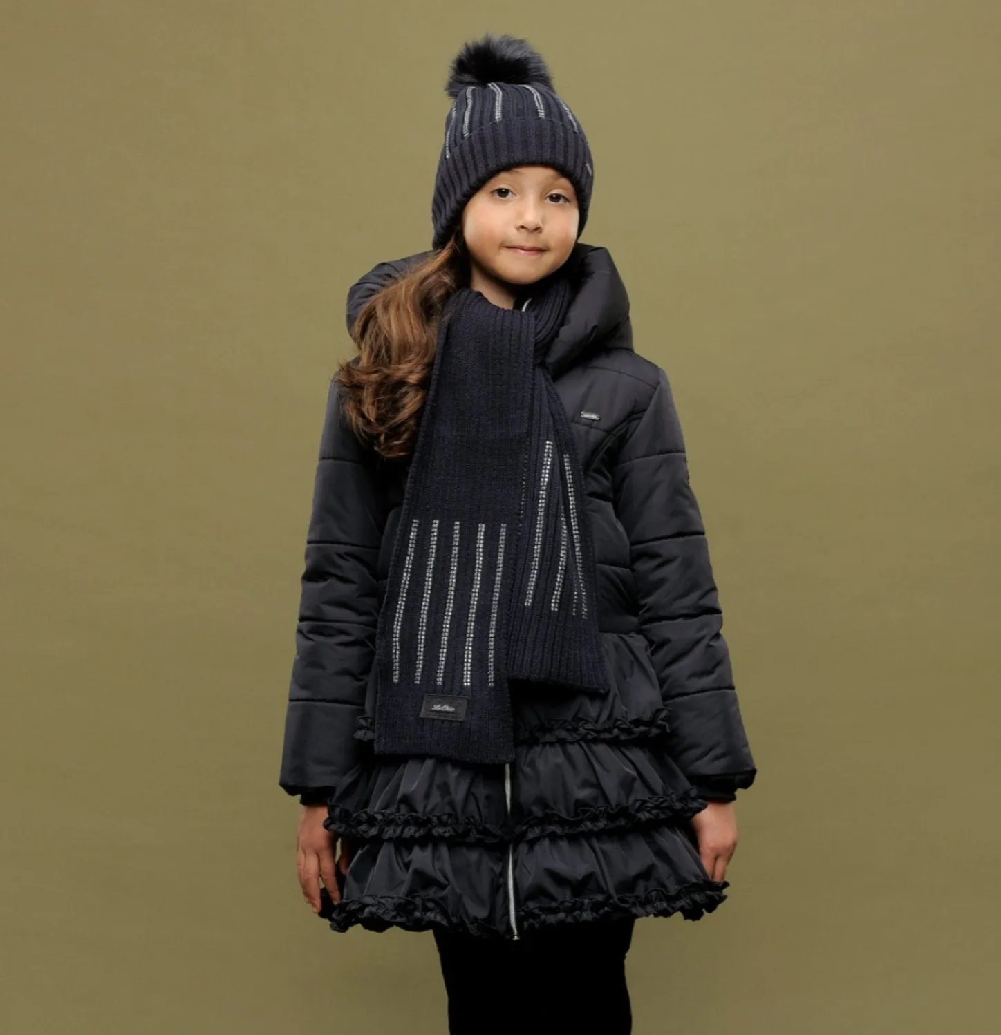 Le Chic Girls Navy Blue Ruffled Puffer Winter Coat