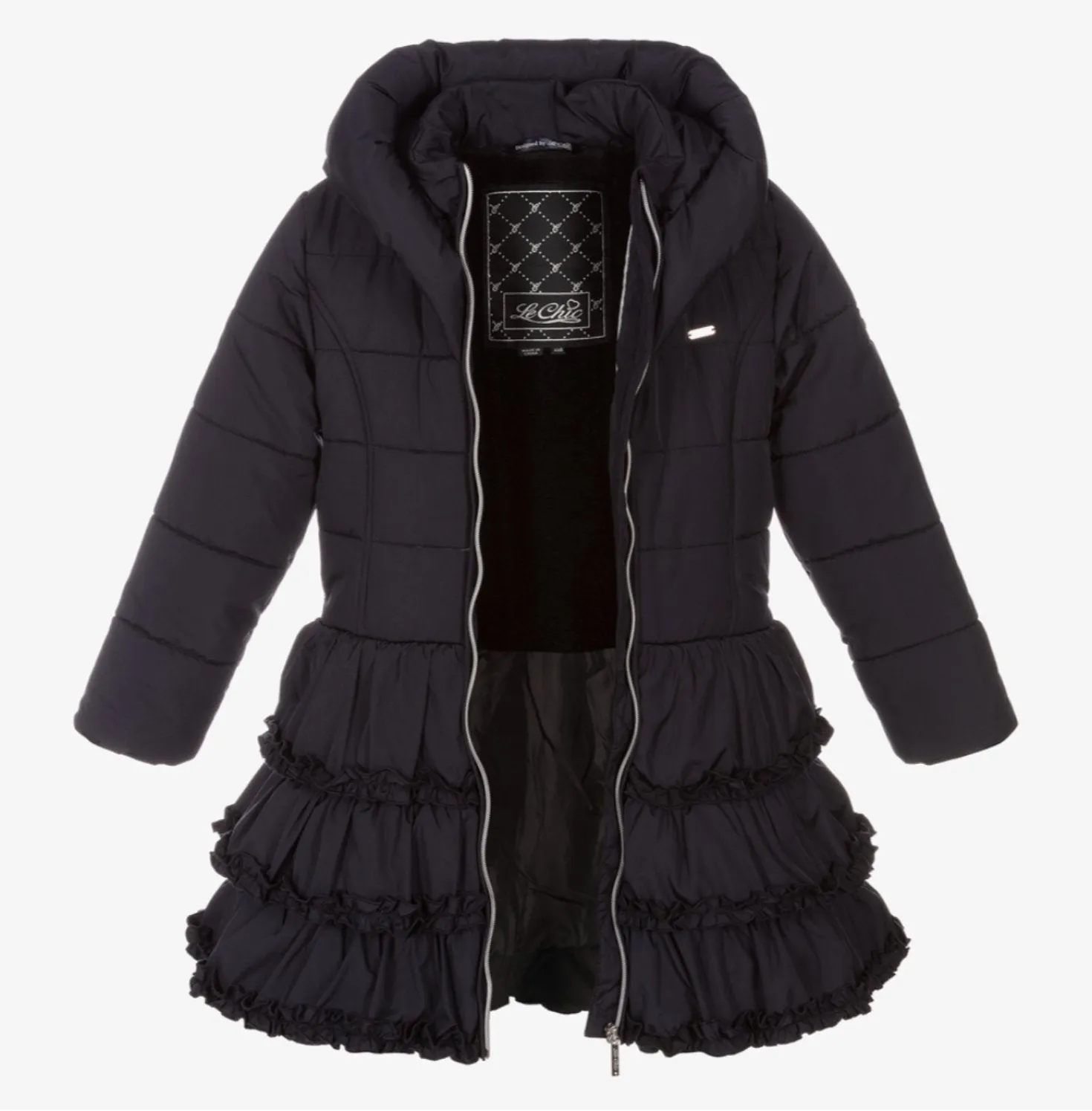 Le Chic Girls Navy Blue Ruffled Puffer Winter Coat