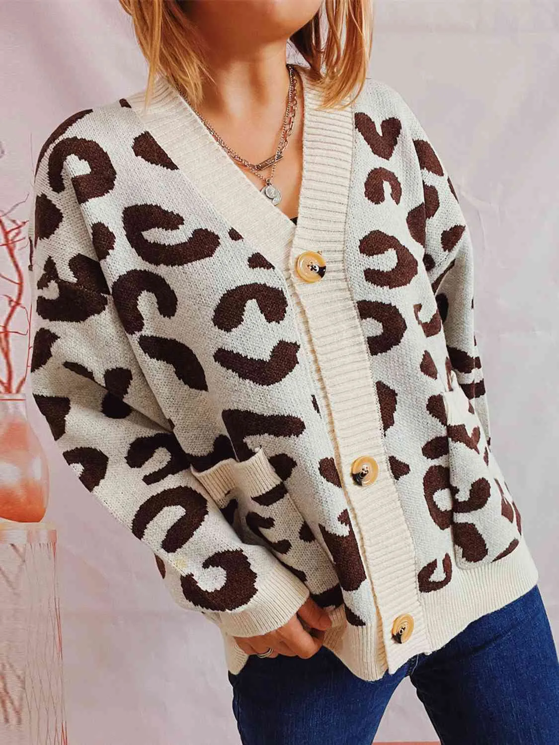 Leopard Button Front Cardigan with Pockets