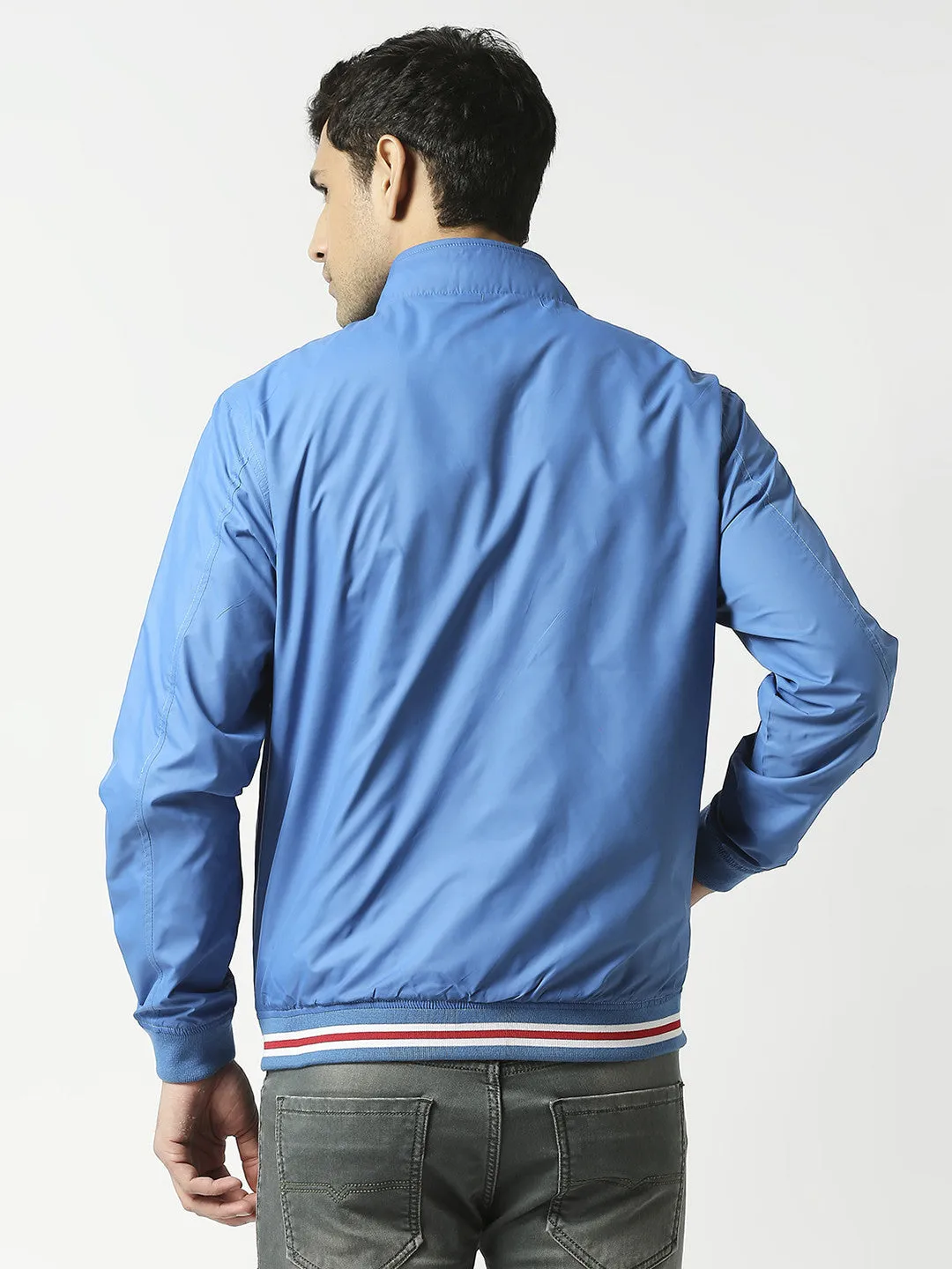 Light Blue Bomber Jacket with White Trim