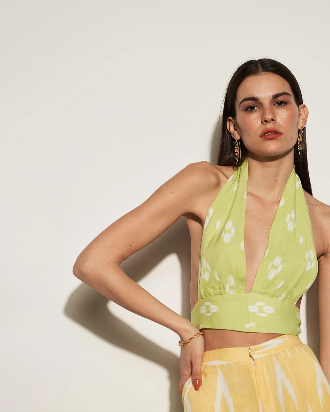 Lime Green And Yellow Halter Neck Top Pant Set