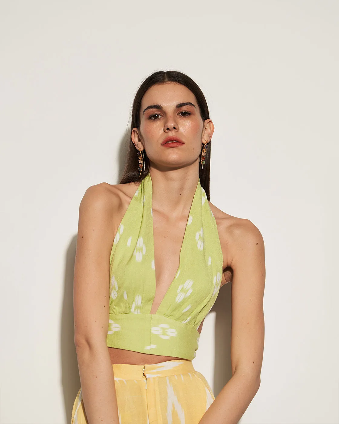 Lime Green And Yellow Halter Neck Top Pant Set