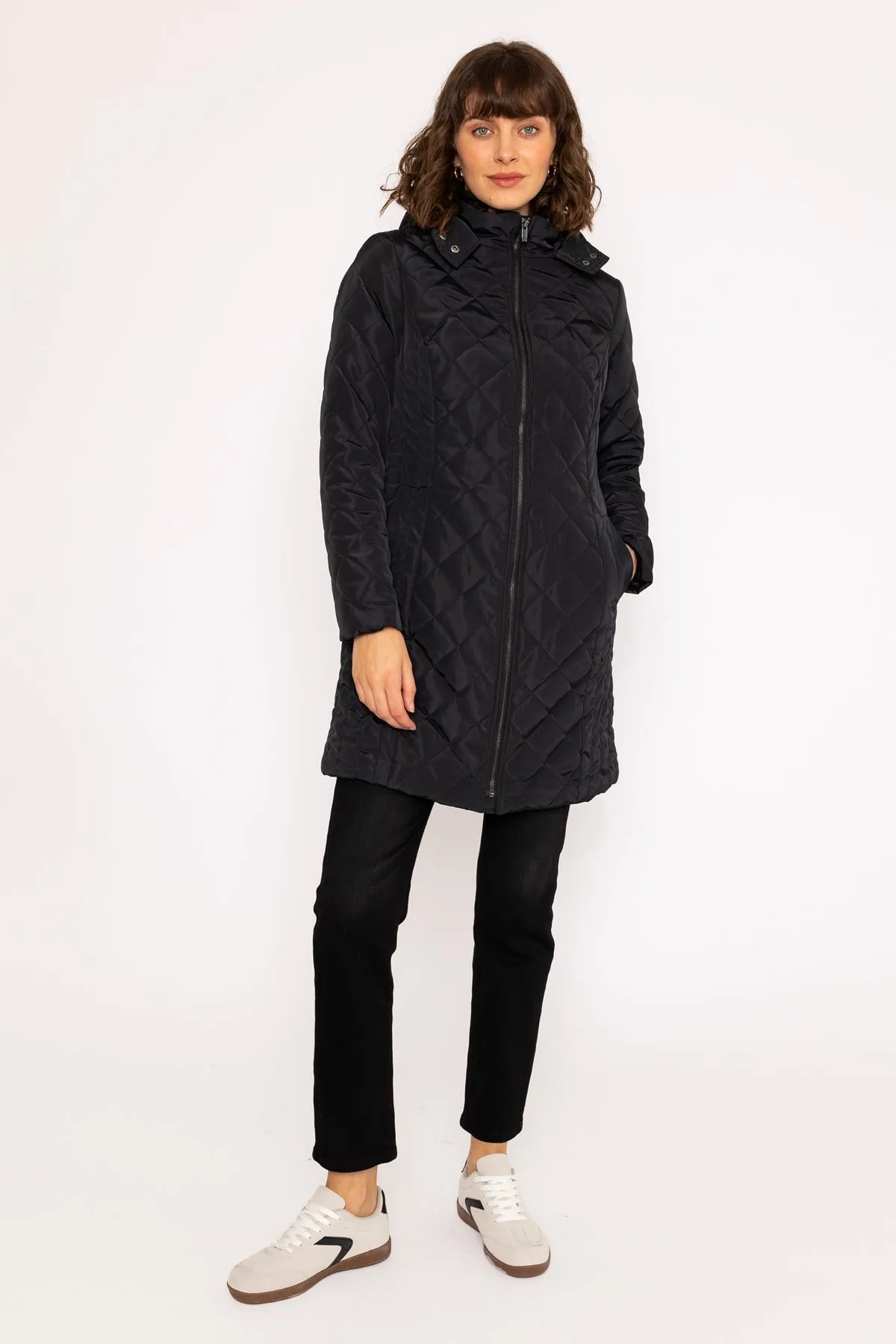 Longline Quilted Coat in Black